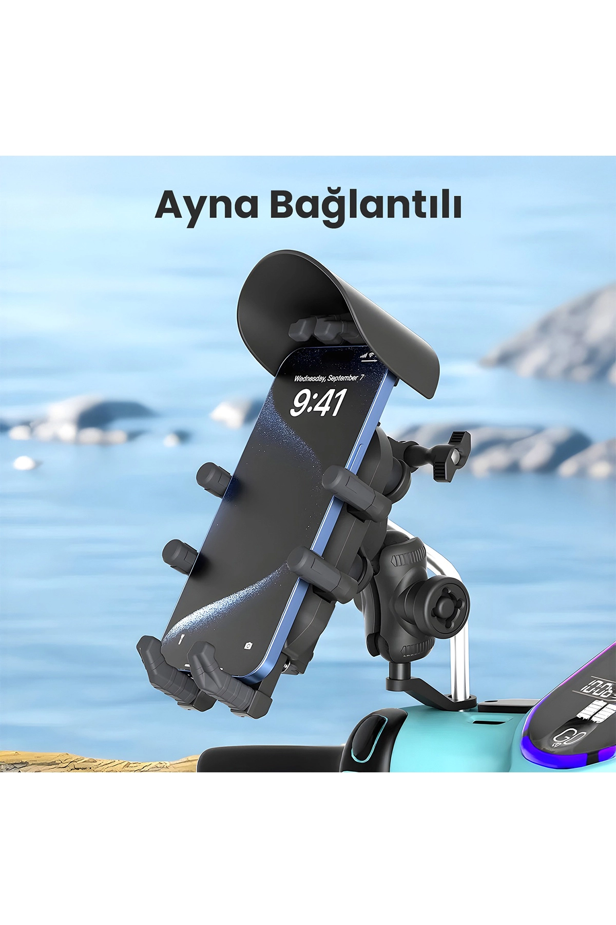 Ayna Bağlantılı Güneş ve Yağmur Korumalı 360° Derece Ayarlanabilir Motosiklet Telefon Tutucu