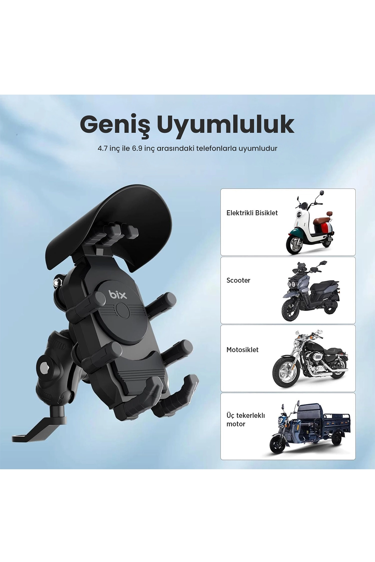 Ayna Bağlantılı Güneş ve Yağmur Korumalı 360° Derece Ayarlanabilir Motosiklet Telefon Tutucu