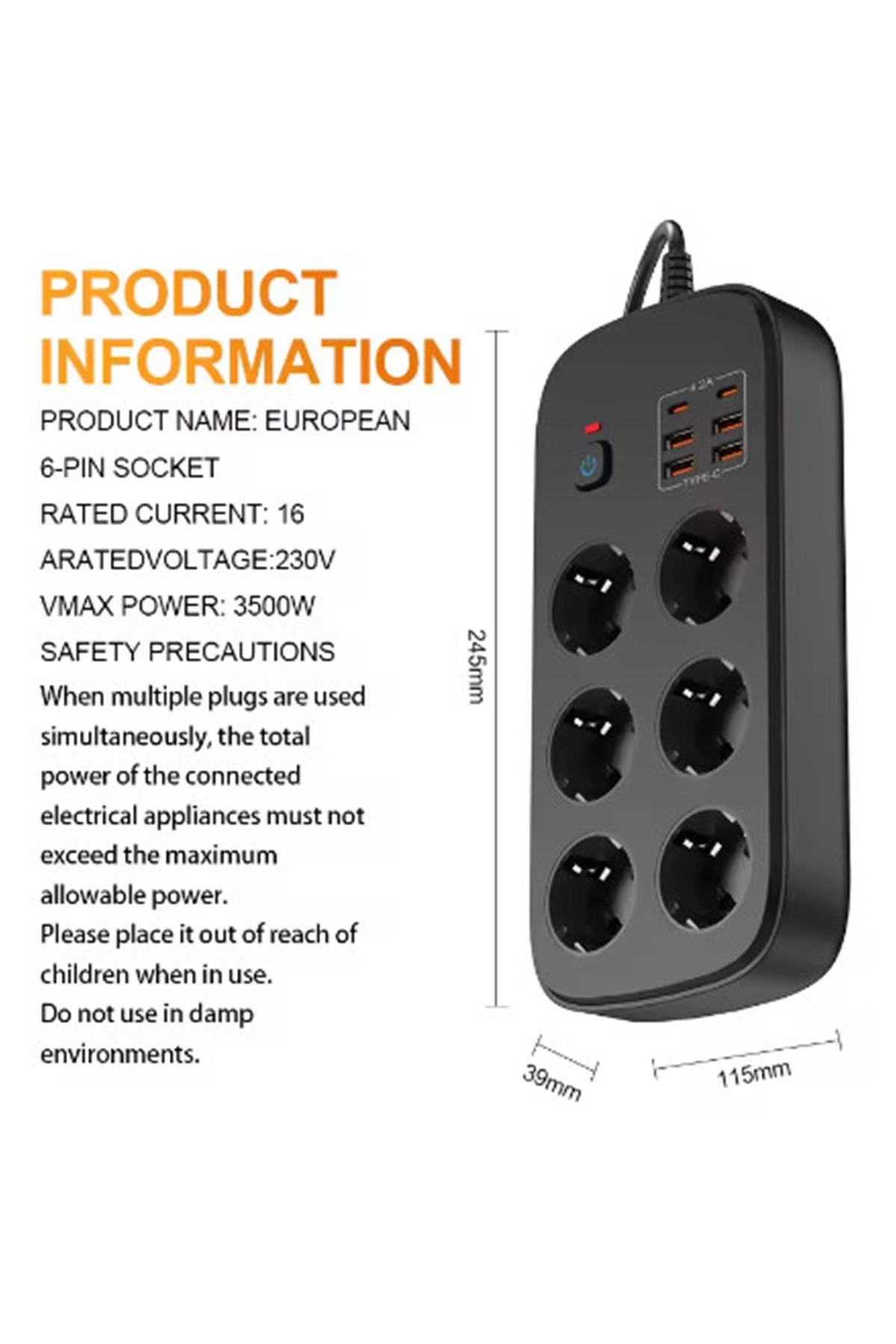 Termal Akım Korumalı 6’lü Priz 4x USB 2x Type-C Çıkışlı Grup Priz Çoğaltıcı (3500W) Siyah