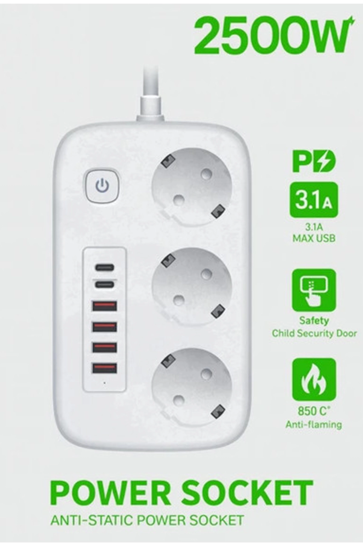  Akım Korumalı Priz ve Masaüstü Şarj İstasyonu Kablosuz 3 Priz ,4 USB, 2 Type-C Girişli 2 Metre