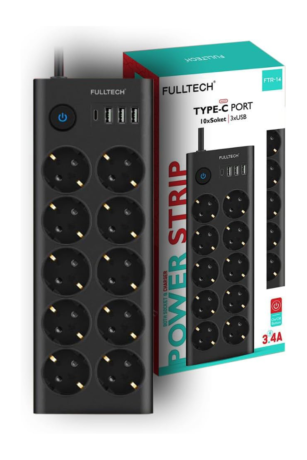 Fulltech FTR14 Type-C Girişli Akım Korumalı 10’lu Priz, 3 USB
