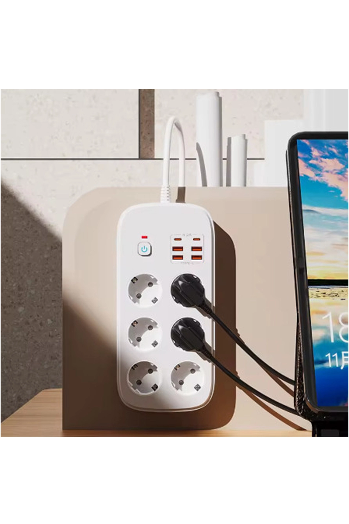 Termal Akım Korumalı 6’lü Priz 4x USB 2x Type-C Çıkışlı Grup Priz Çoğaltıcı (3500W) Siyah