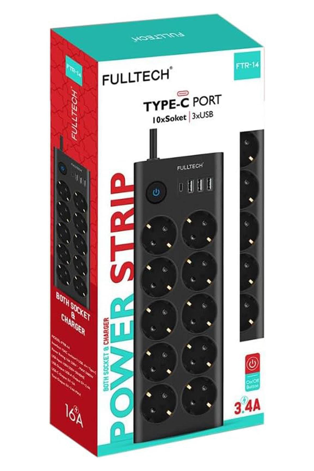 Fulltech FTR14 Type-C Girişli Akım Korumalı 10’lu Priz, 3 USB