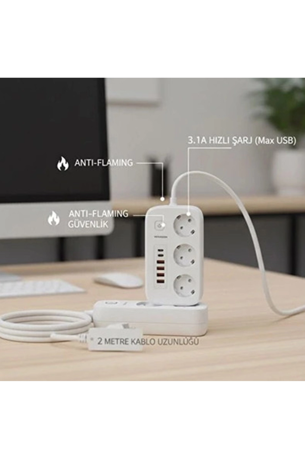  Akım Korumalı Priz ve Masaüstü Şarj İstasyonu Kablosuz 3 Priz ,4 USB, 2 Type-C Girişli 2 Metre
