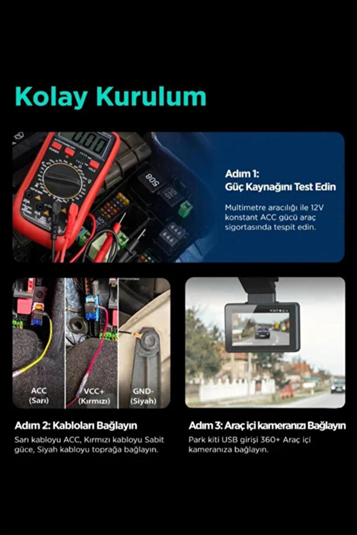 Park Modu Kablosu Type-C Akü Sigorta Bağlantı Kablosu Araç İçi Kamera Tüm Kameralara Uyumlu