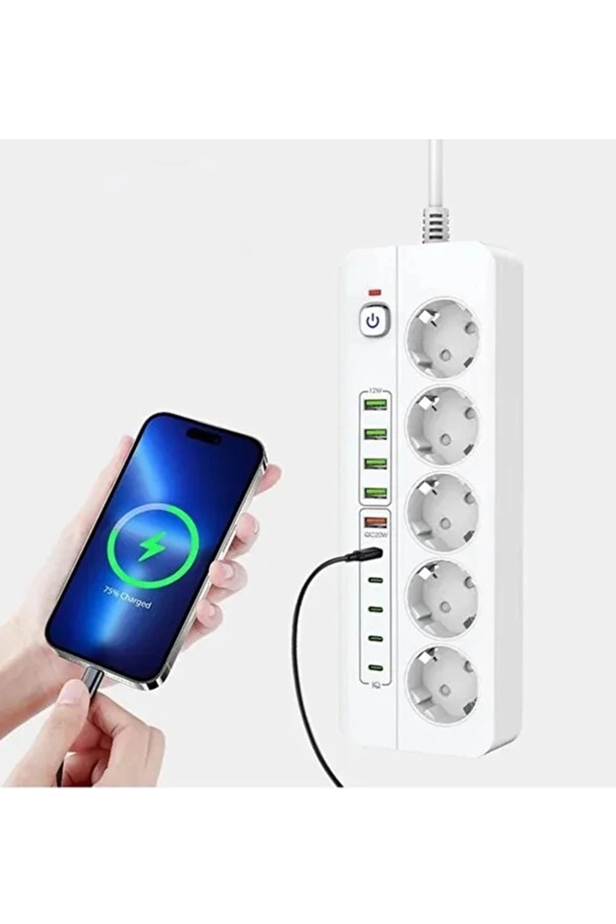 3500W Akım Korumalı 5’li Grup Priz: 5x USB + 5x Type-C Çıkışlı (2 Metre)