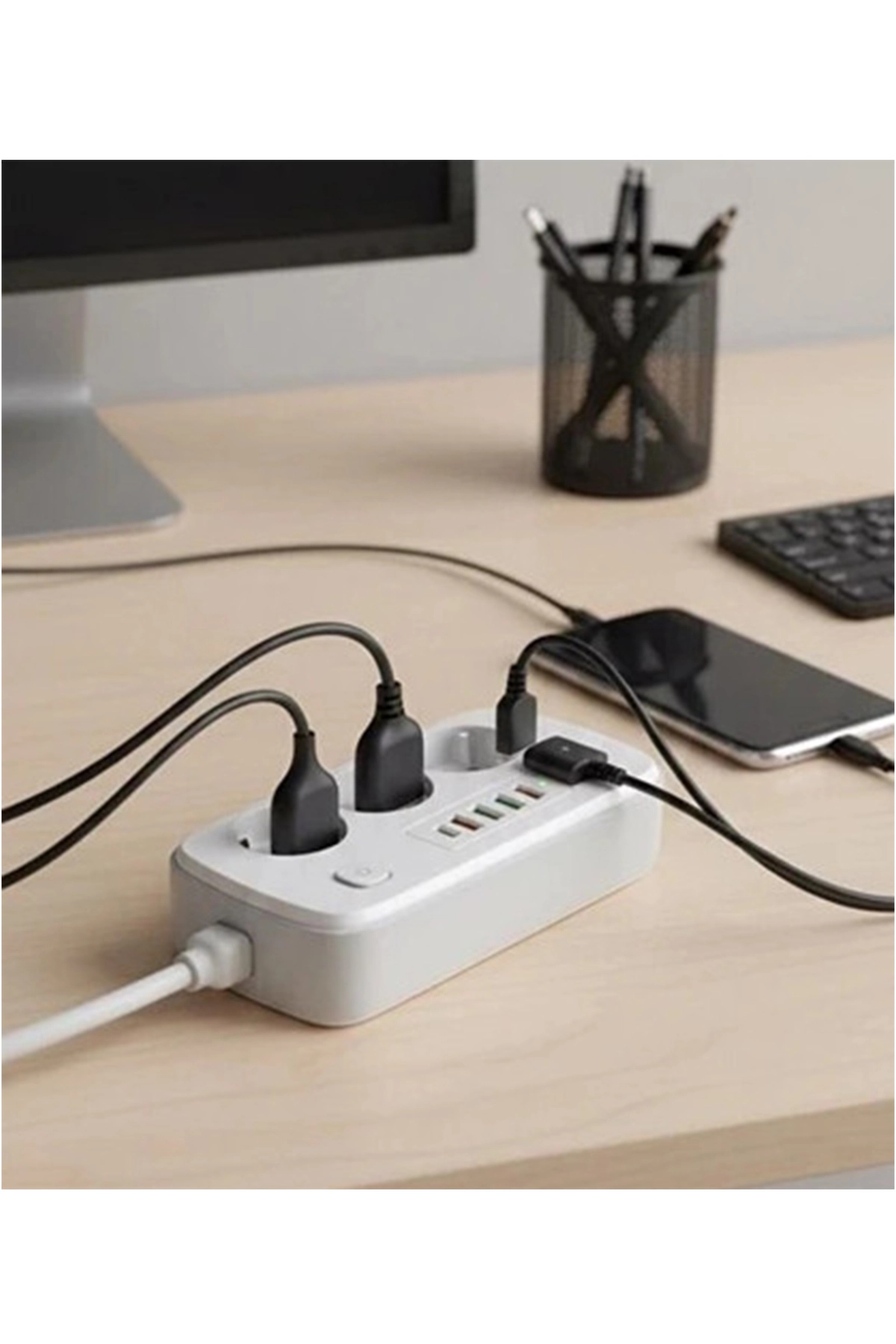  Akım Korumalı Priz ve Masaüstü Şarj İstasyonu Kablosuz 3 Priz ,4 USB, 2 Type-C Girişli 2 Metre