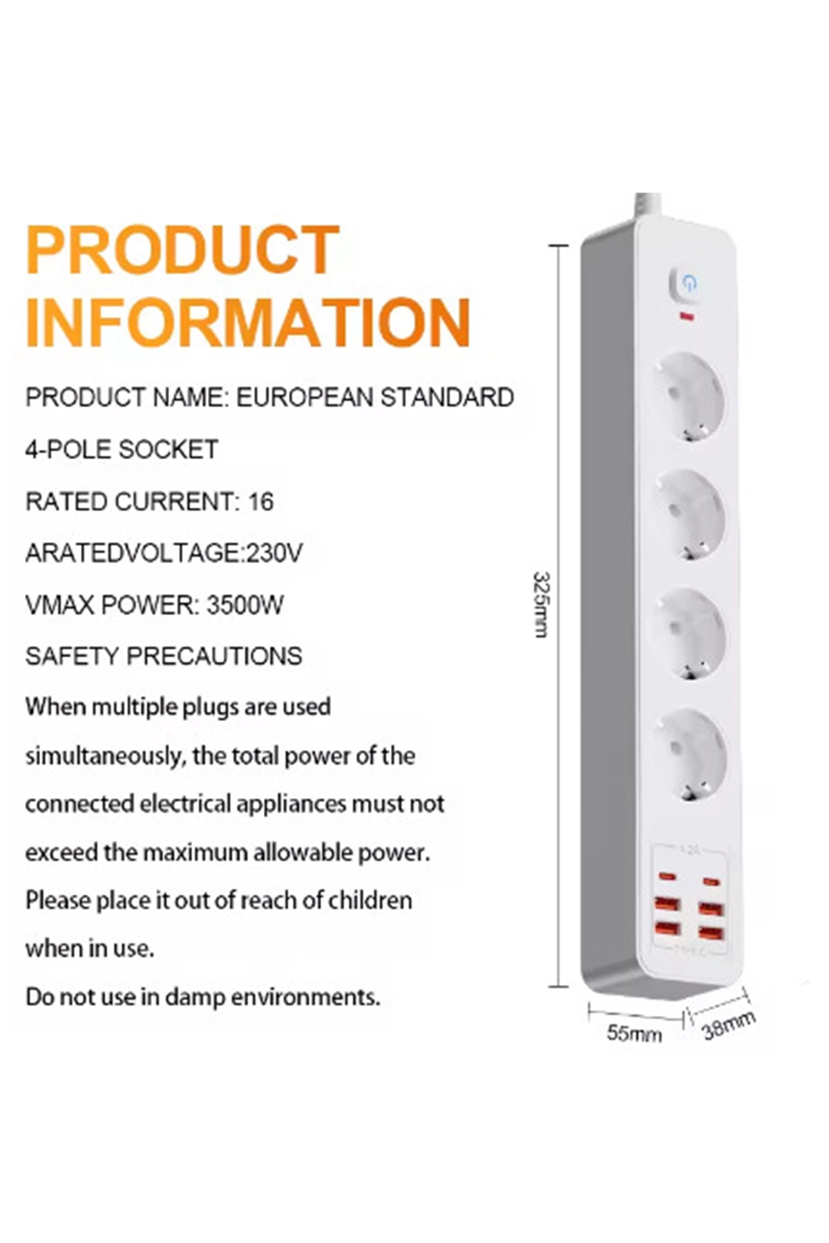 Termal Akım Korumalı 4’lü Priz 4x USB 2x Type-C Çıkışlı Grup Priz Çoğaltıcı (3500W)