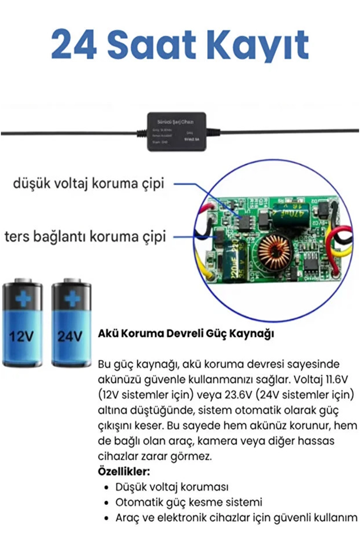 Park Modu Kablosu Type-C Akü Sigorta Bağlantı Kablosu Araç İçi Kamera Tüm Kameralara Uyumlu