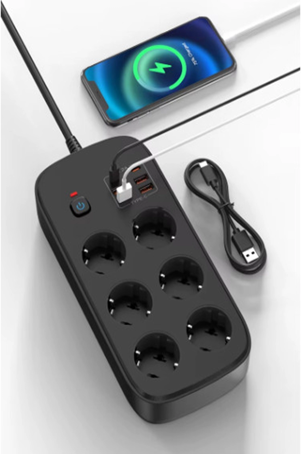 Termal Akım Korumalı 6’lü Priz 4x USB 2x Type-C Çıkışlı Grup Priz Çoğaltıcı (3500W) Siyah
