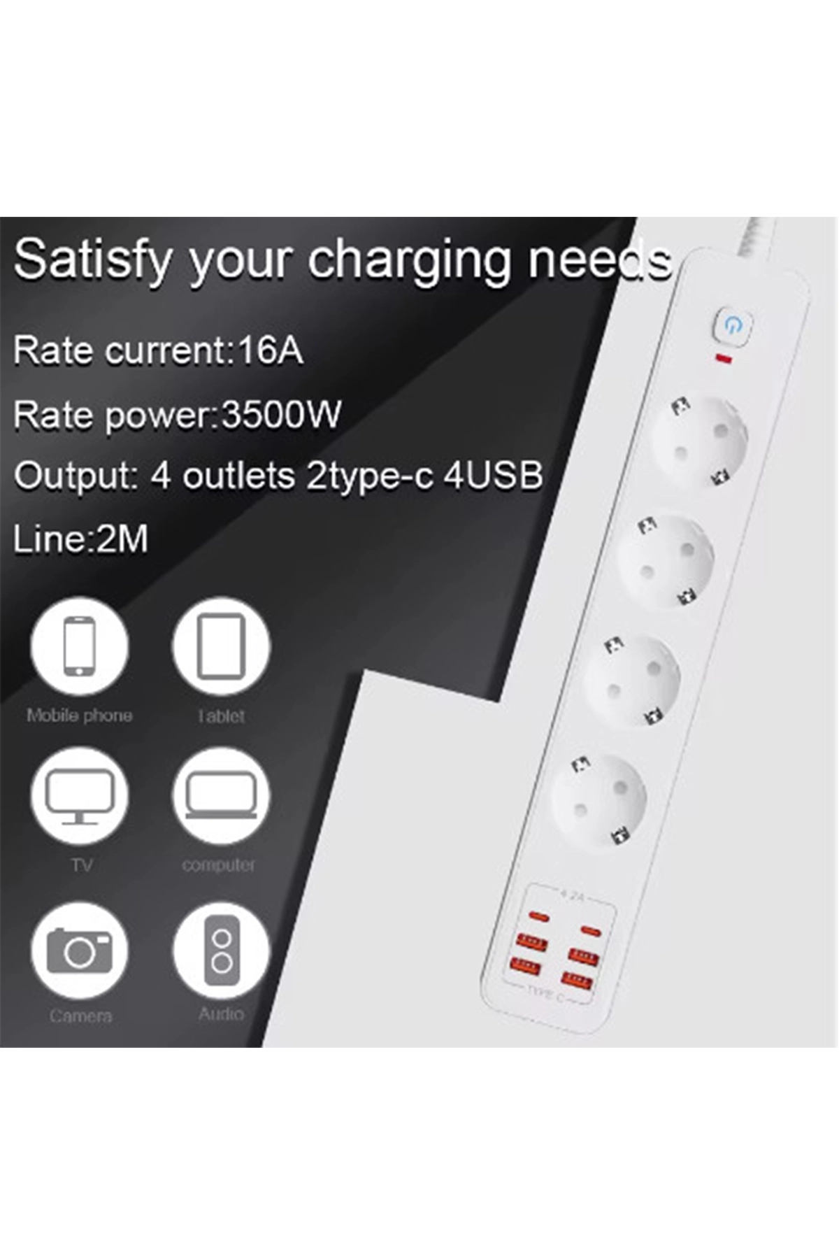 Termal Akım Korumalı 4’lü Priz 4x USB 2x Type-C Çıkışlı Grup Priz Çoğaltıcı (3500W)
