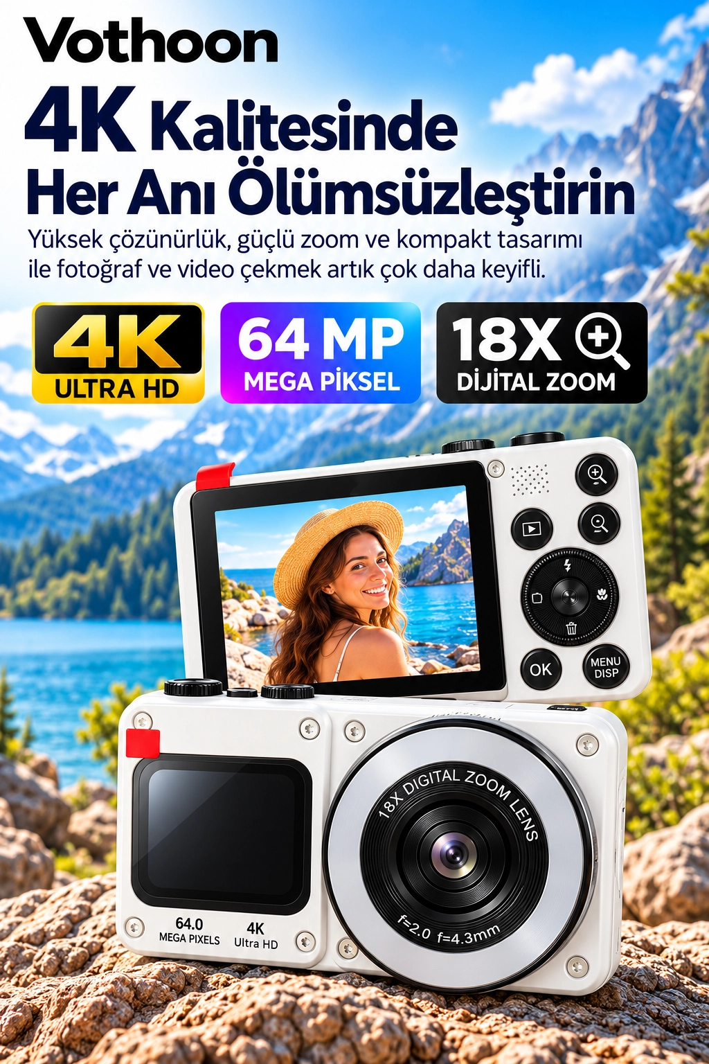 4K Dijital Fotoğraf Makinesi 18X Dijital Zoom 64 MP Ön ve Arka Ekranlı Kompakt Kamera Beyaz