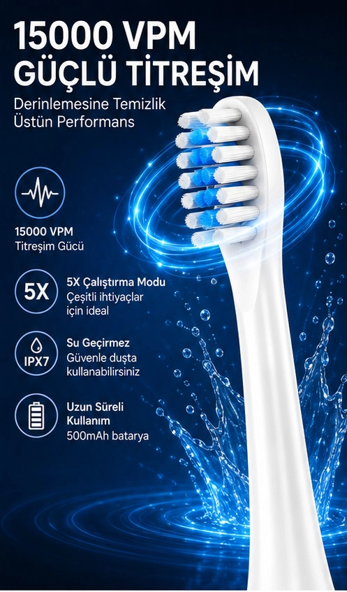Şarjlı Diş Fırçası 15000 VPM Titreşim Gücü, 500mAh Batarya, 5 Temizlik Modu beyaz