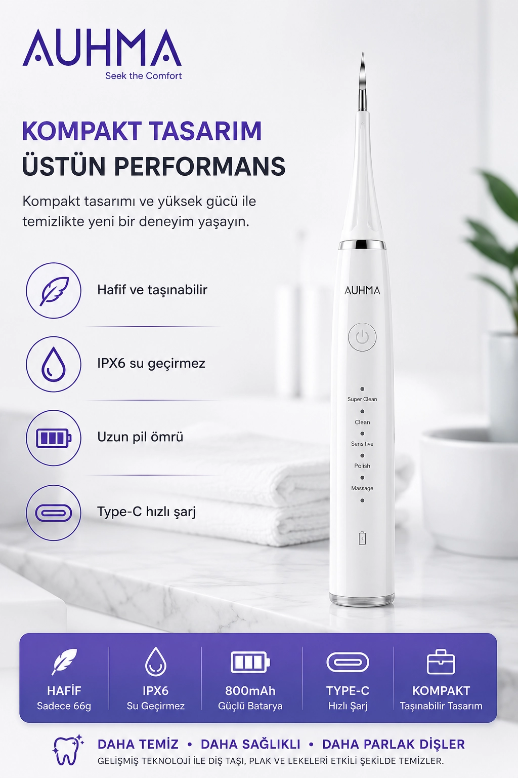 Ultrasonic  Şarjlı Elektrikli Akıllı Diş Temizleme Cihazı Beyazlatıcı 5 Mod 3+1 Başlık, IPX8 Su Geçirmez Beyaz