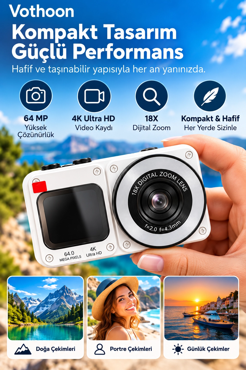 4K Dijital Fotoğraf Makinesi 18X Dijital Zoom 64 MP Ön ve Arka Ekranlı Kompakt Kamera Beyaz