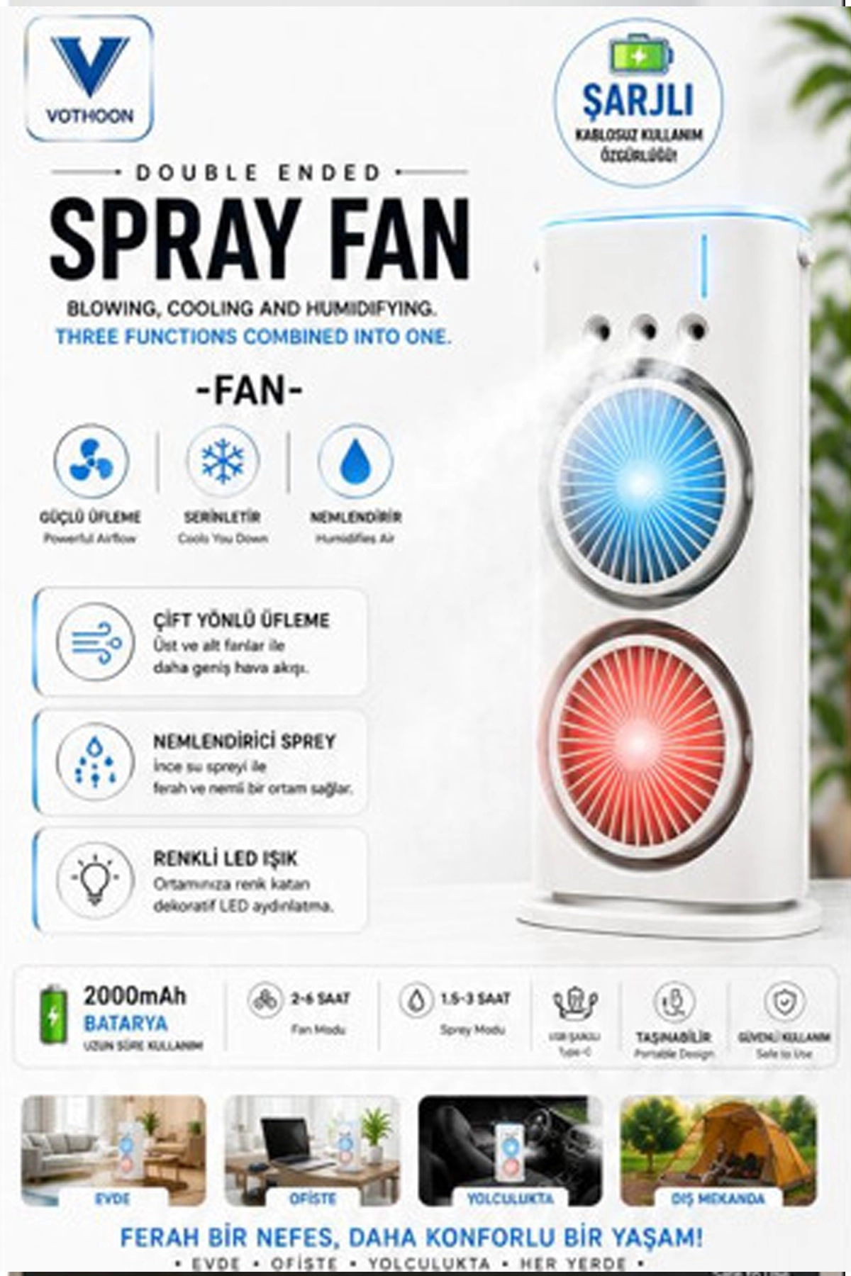Vothoon Çift Başlıklı Sprey Fan Nemlendirici ve Renkli LED Işıklı beyaz 