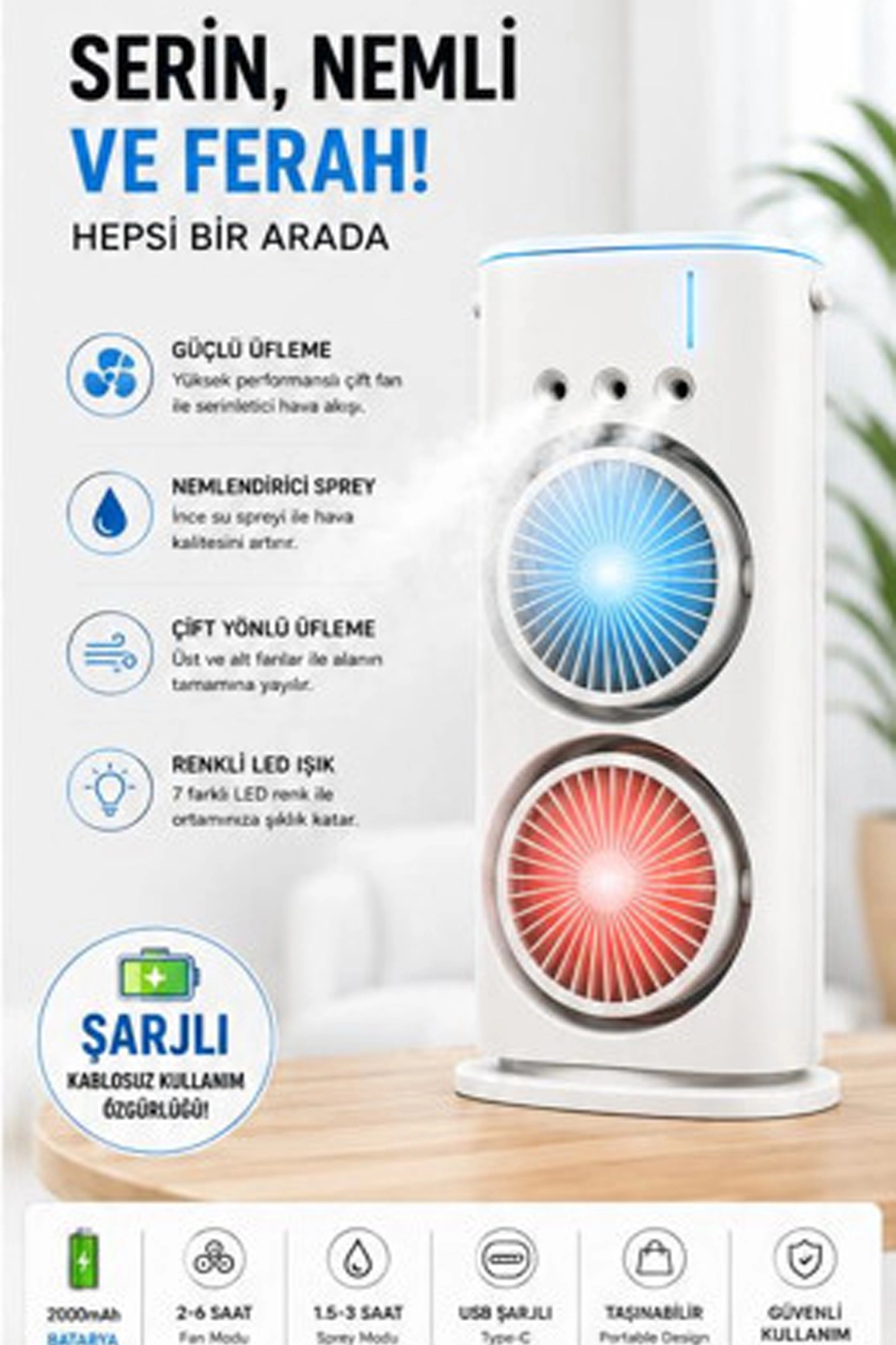 Vothoon Çift Başlıklı Sprey Fan Nemlendirici ve Renkli LED Işıklı beyaz 