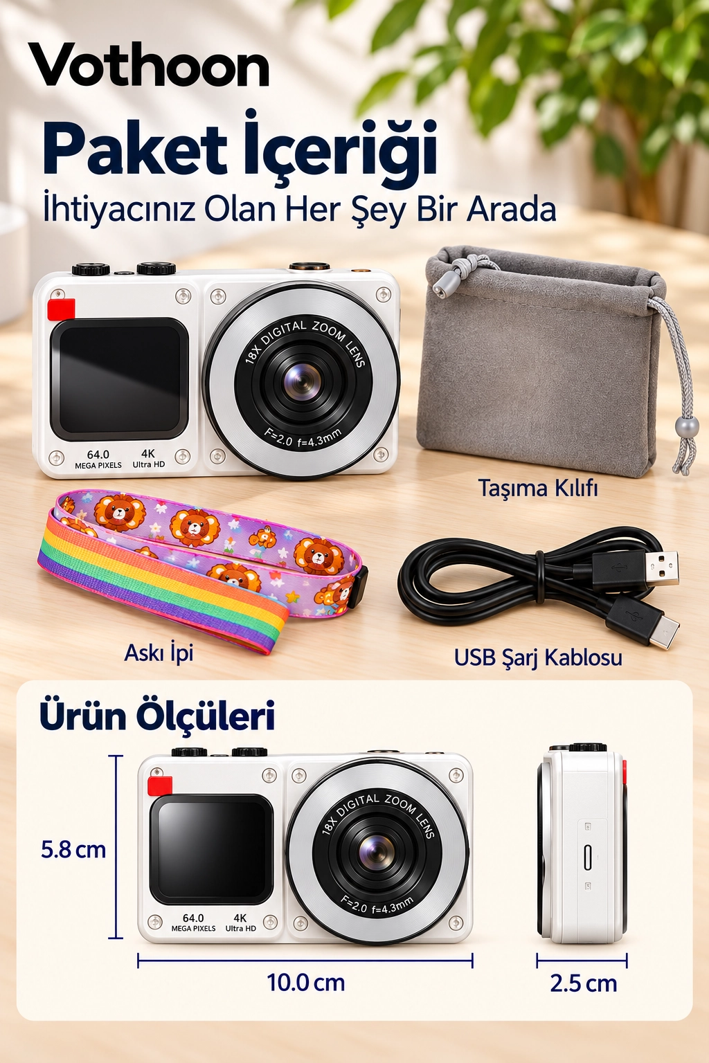 4K Dijital Fotoğraf Makinesi 18X Dijital Zoom 64 MP Ön ve Arka Ekranlı Kompakt Kamera Beyaz