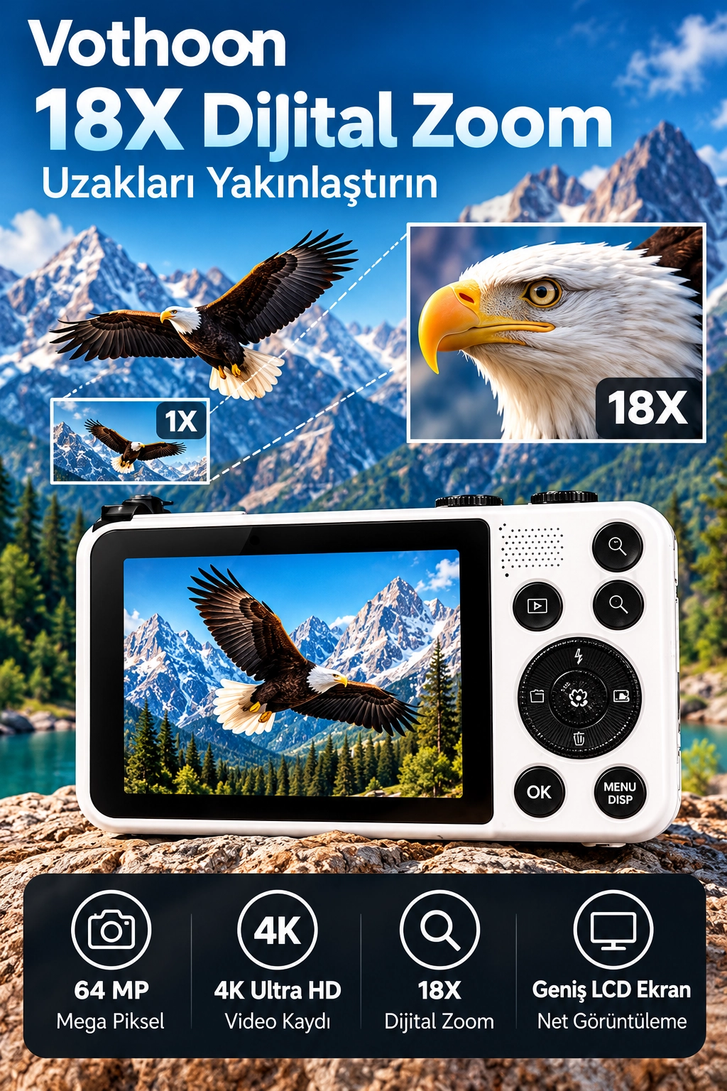 4K Dijital Fotoğraf Makinesi 18X Dijital Zoom 64 MP Ön ve Arka Ekranlı Kompakt Kamera Beyaz