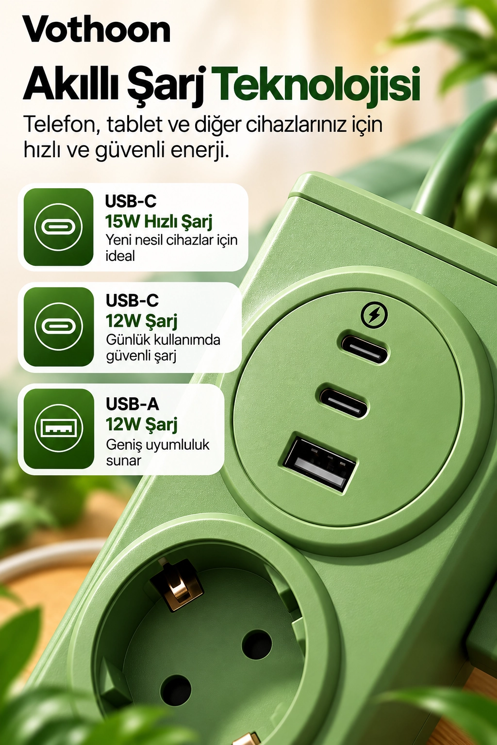 Vothoon 4’lü Akıllı Priz Tek Dokunuşla Fiş Çıkarma 2 Metre Kablo 2 Type-C + USB 15W Hızlı Şarj 3680W