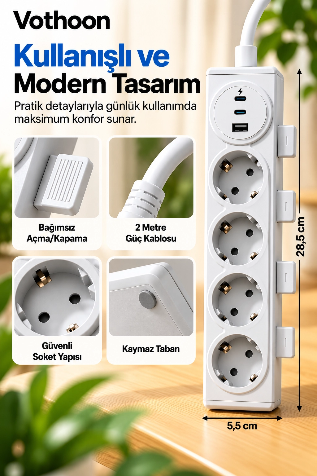 Vothoon 4’lü Akıllı Priz Tek Dokunuşla Fiş Çıkarma 2 Metre Kablo 2 Type-C + USB 15W Hızlı Şarj 3680W Krem