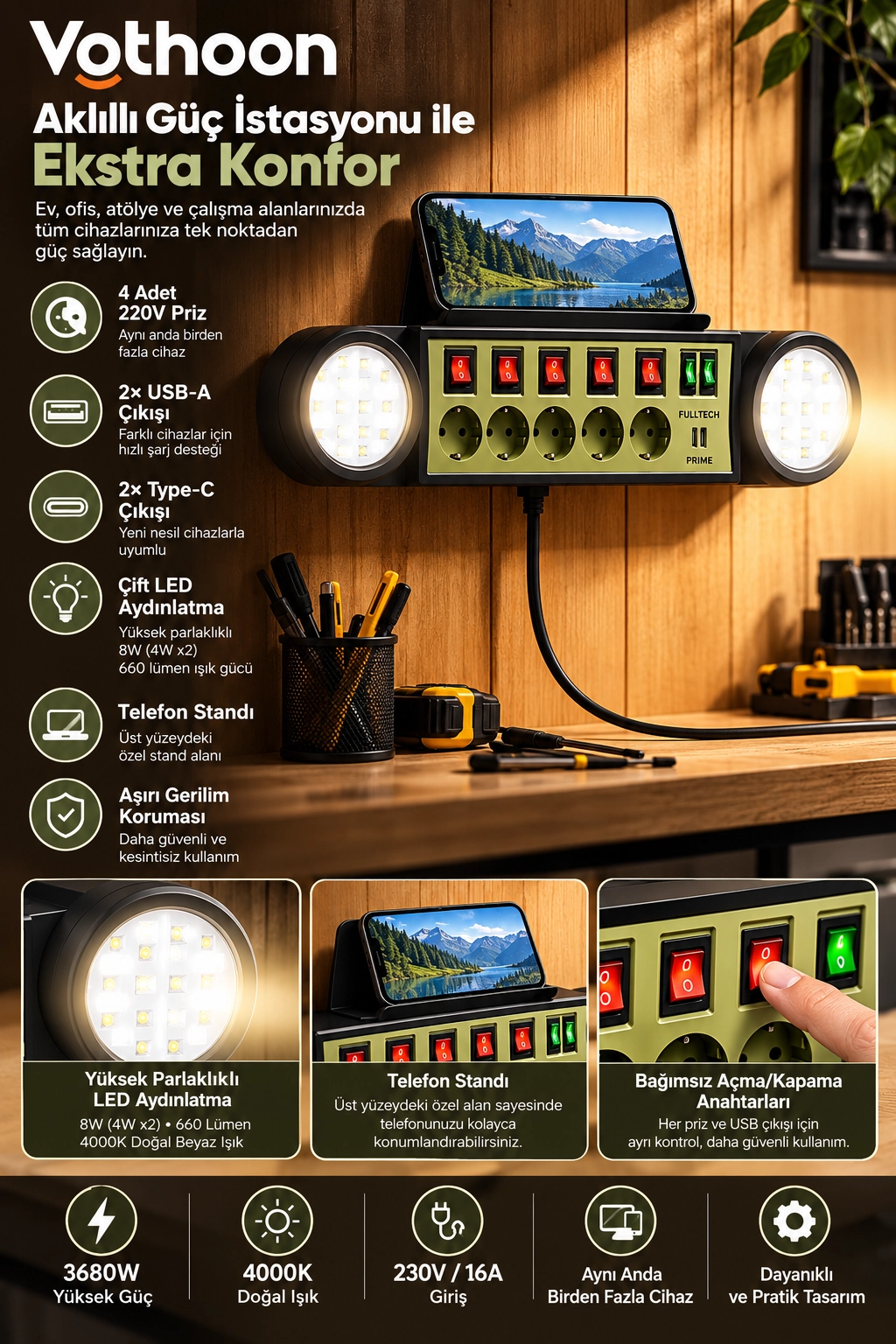 Akıllı Masaüstü Duvar Tipi Akım Korumalı 5’li Priz 3680W LED Işıklı USB-A Type-C Telefon Standlı