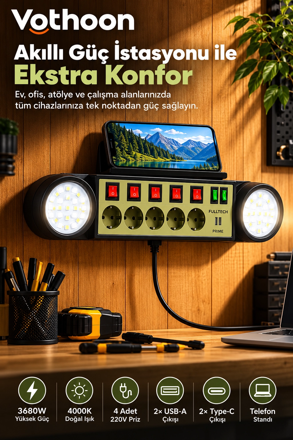 Akıllı Masaüstü Duvar Tipi Akım Korumalı 5’li Priz 3680W LED Işıklı USB-A Type-C Telefon Standlı