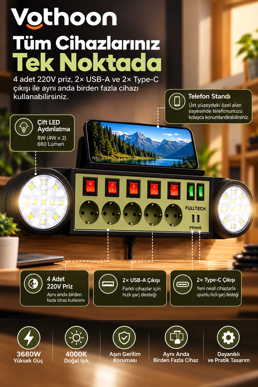 Akıllı Masaüstü Duvar Tipi Akım Korumalı 5’li Priz 3680W LED Işıklı USB-A Type-C Telefon Standlı