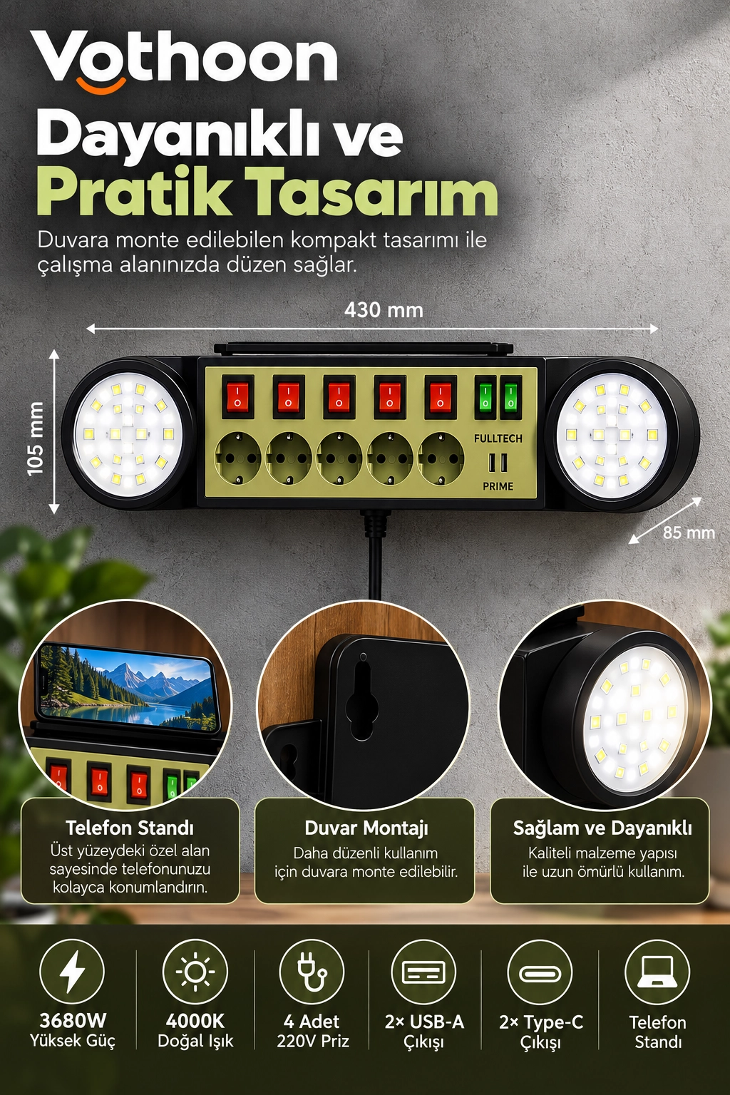 Akıllı Masaüstü Duvar Tipi Akım Korumalı 5’li Priz 3680W LED Işıklı USB-A Type-C Telefon Standlı