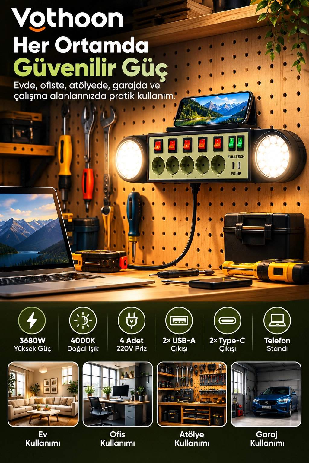 Akıllı Masaüstü Duvar Tipi Akım Korumalı 5’li Priz 3680W LED Işıklı USB-A Type-C Telefon Standlı