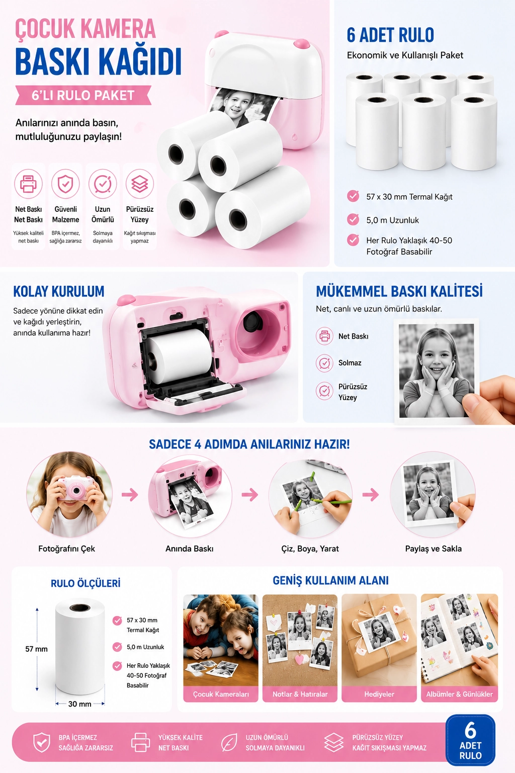Çocuk Fotoğraf Makinesi Yedek Termal Baskı Kağıdı (6’lı Rulo) – 57x25mm