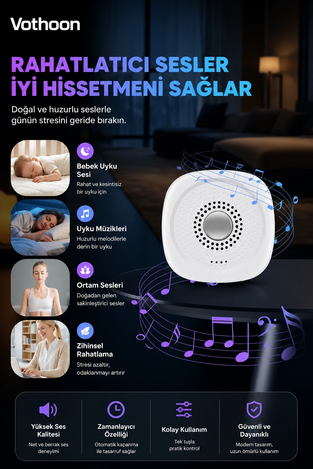 Taşınabilir Şarjlı Uyku Ses Cihazı 2 Farklı Mod Rahatlatıcı Doğa Sesleri ve Uyku Desteği  