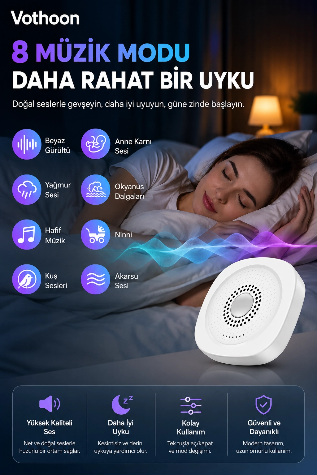 Taşınabilir Şarjlı Uyku Ses Cihazı 2 Farklı Mod Rahatlatıcı Doğa Sesleri ve Uyku Desteği  