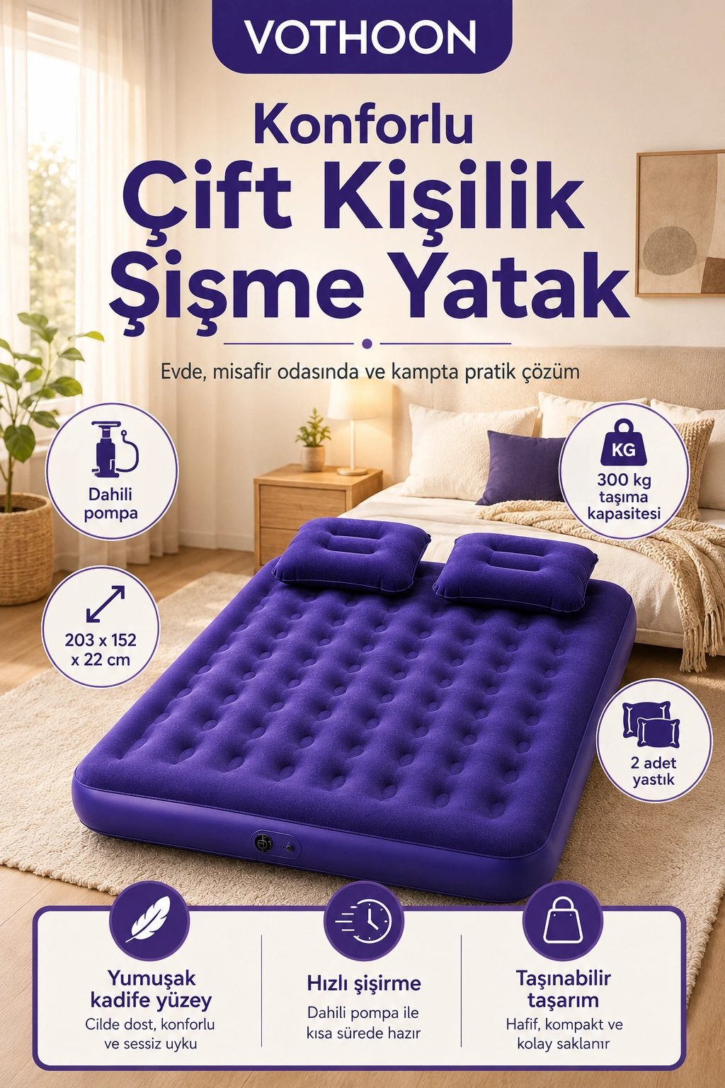 Vothoon Çift Kişilik Şişme Yatak Dahili Pompalı 203x152x22 cm 2 Yastıklı