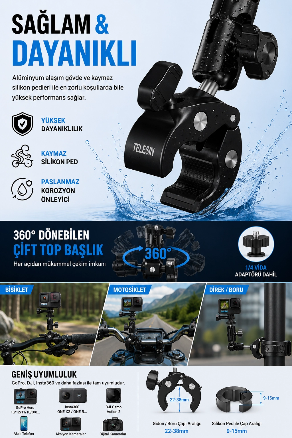  Motosiklet Bisiklet Gidon Kamera Montaj Metal Kelepçesi 360° Döner Metal Tutucu