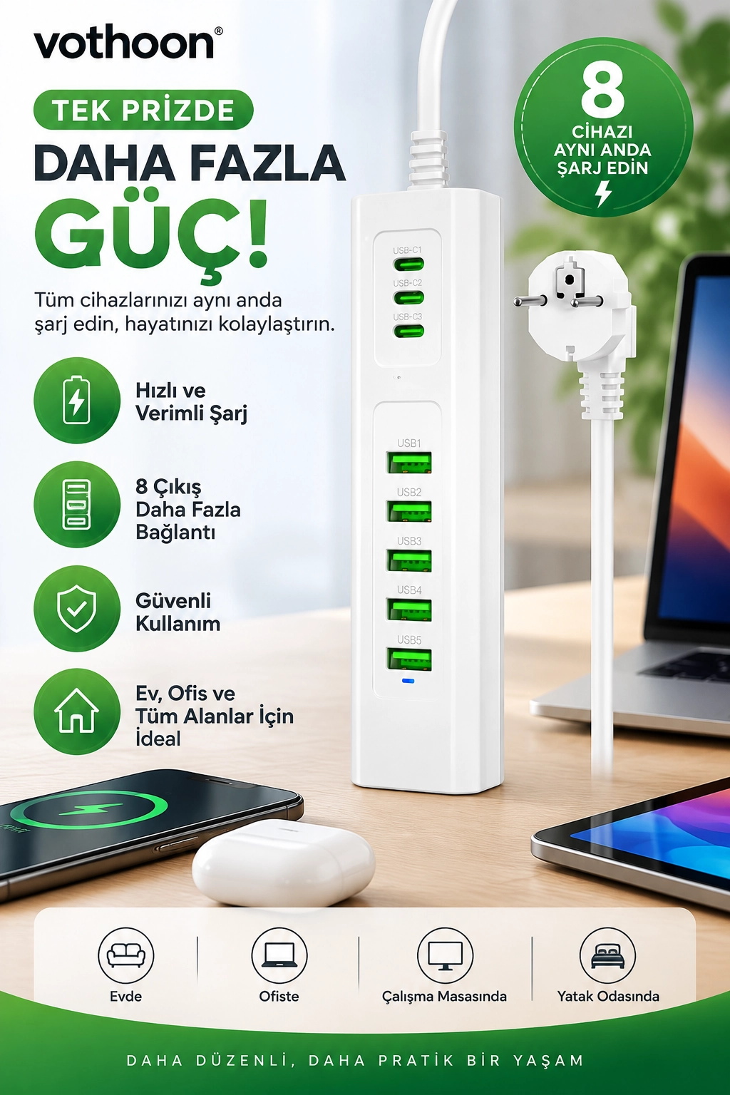 8 Portlu Çoklu USB Şarj İstasyonu 5 USB + 3 Type-C Masaüstü Çoklu Şarj Cihazı