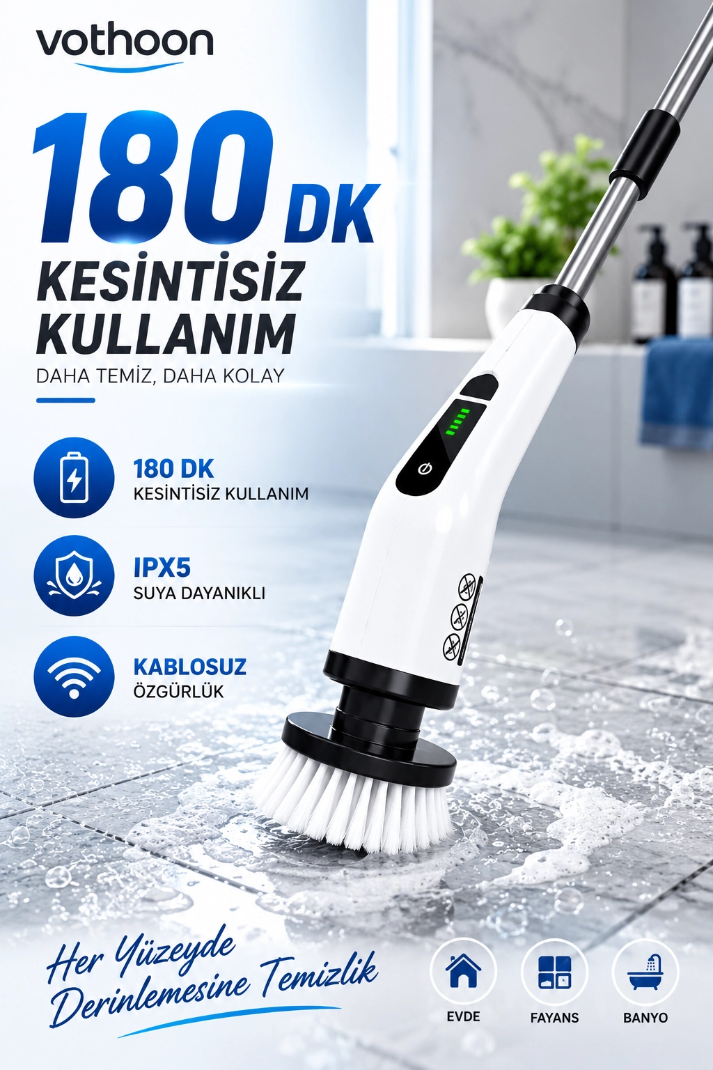 Turbo Clean Elektrikli Temizlik Fırçası 7 Başlıklı Kablosuz Şarjlı Döner Fırça