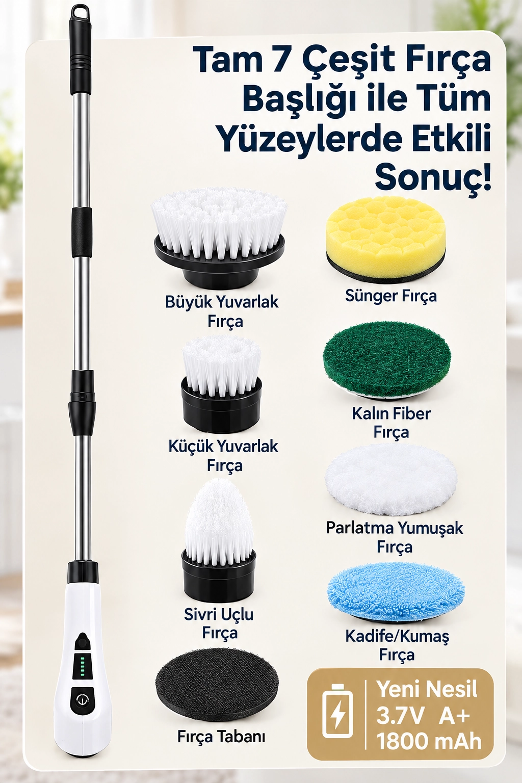 Turbo Clean Elektrikli Temizlik Fırçası 7 Başlıklı Kablosuz Şarjlı Döner Fırça