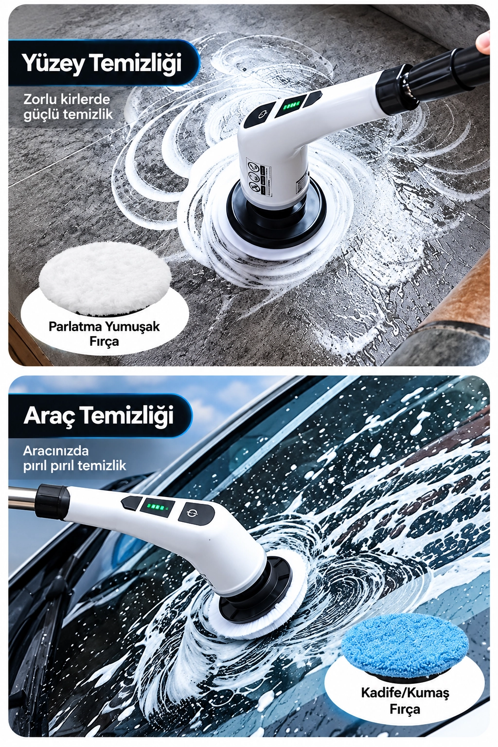 Turbo Clean Elektrikli Temizlik Fırçası 7 Başlıklı Kablosuz Şarjlı Döner Fırça