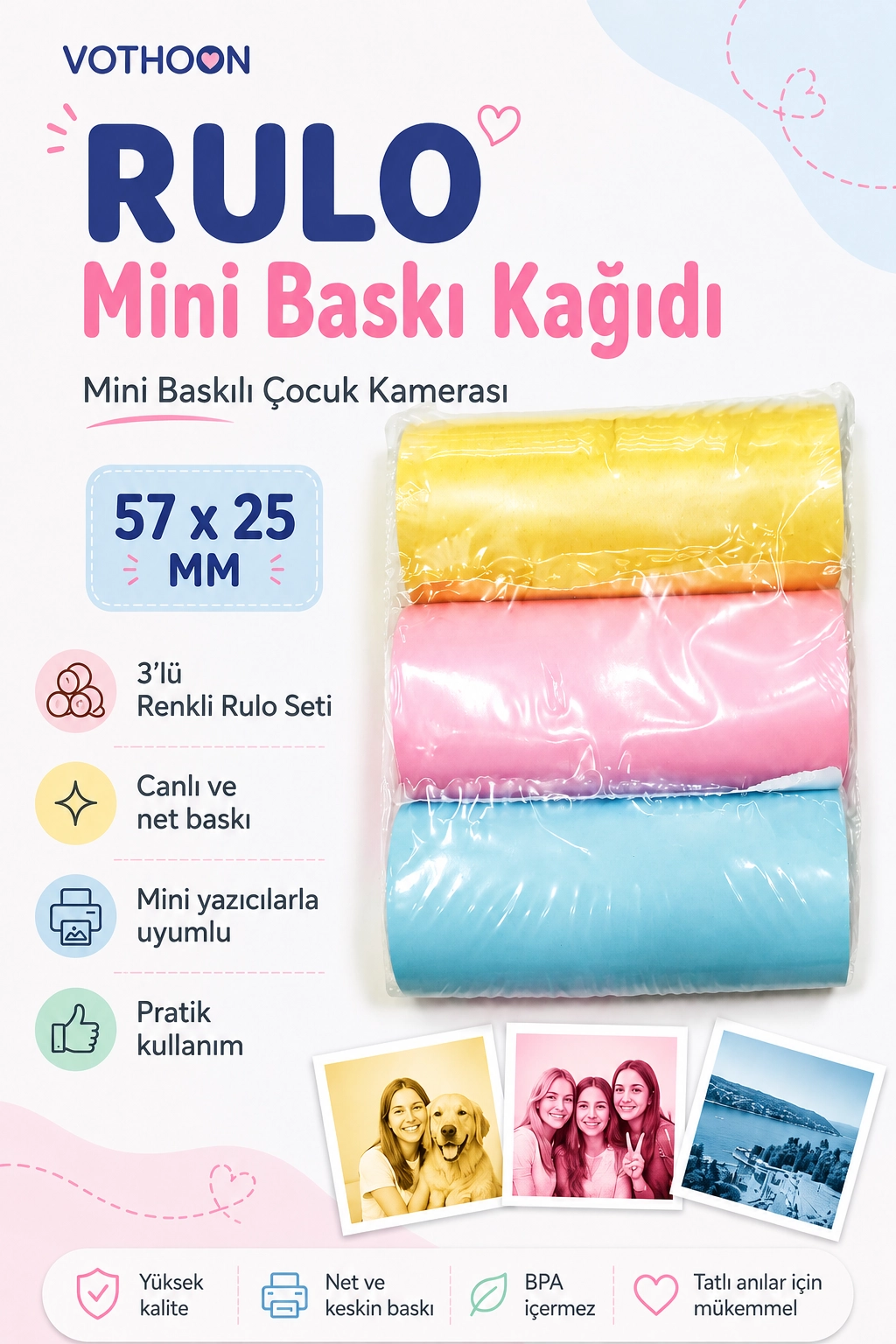 Çocuk Fotoğraf Makinesi Yedek Termal Baskı Kağıdı Renkli (3 Lü Rulo) – 57x25mm