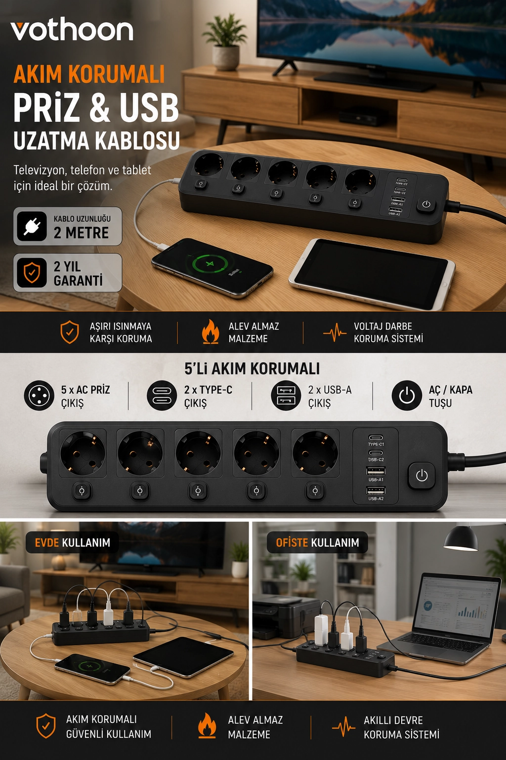 Akım Korumalı 5’li Priz 2xUSB 2xType-C Çıkış Akım Koruma Çoklu Priz Çoğaltıcı Anahtarlı FTR-31 Siyah