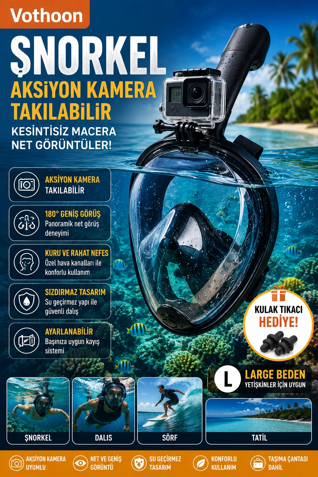 Profesyonel Tam Yüz Şnorkel Maskesi Dalış Maskesi Kulak Tıkacı Hedıye L/XL Siyah