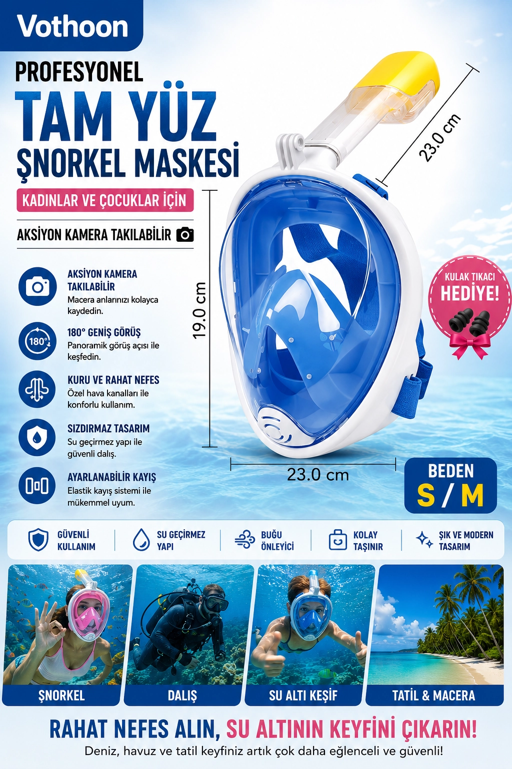 Tam Yüz Şnorkel Maskesi Dalış Maskesi Kadınlar Çocuklar İçin Kulak Tıkacı Hedıye S/M Mavi