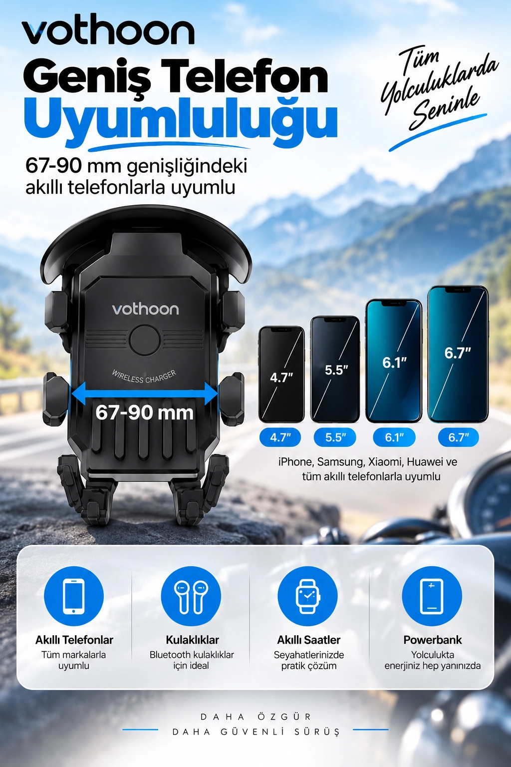 Şarjlı Motosiklet Telefon Tutucu Güneş ve Yağmur Korumalı 15W Kablosuz 360° Döner Gidon ve Ayna Bağlantılı