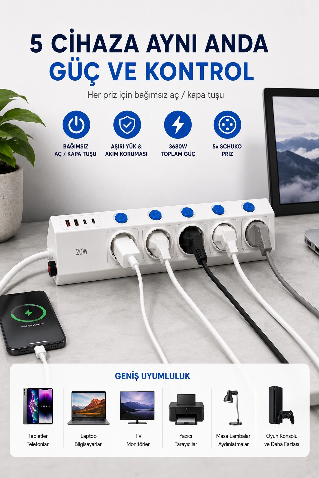 5’li Akım Korumalı Çoklu Priz 2 Metre Kablolu 3680W 16A 5 Anahtarlı 2USB-A 2 USB-C PD 20W Hızlı Ftr-28