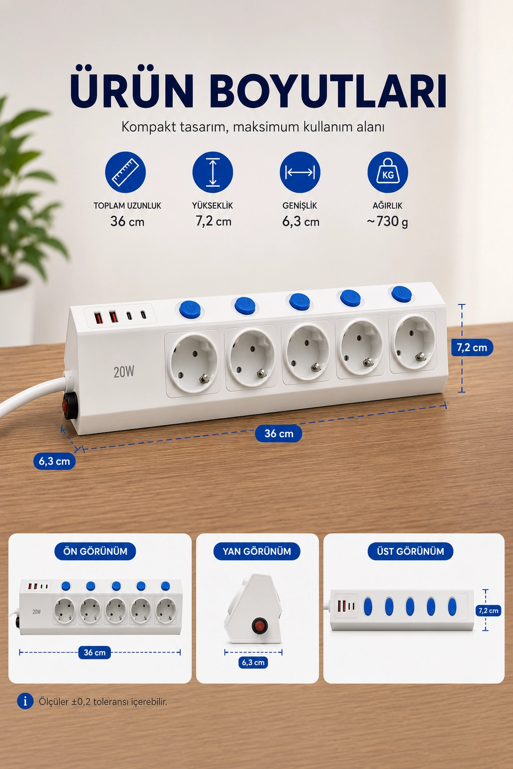 5’li Akım Korumalı Çoklu Priz 2 Metre Kablolu 3680W 16A 5 Anahtarlı 2USB-A 2 USB-C PD 20W Hızlı Ftr-28
