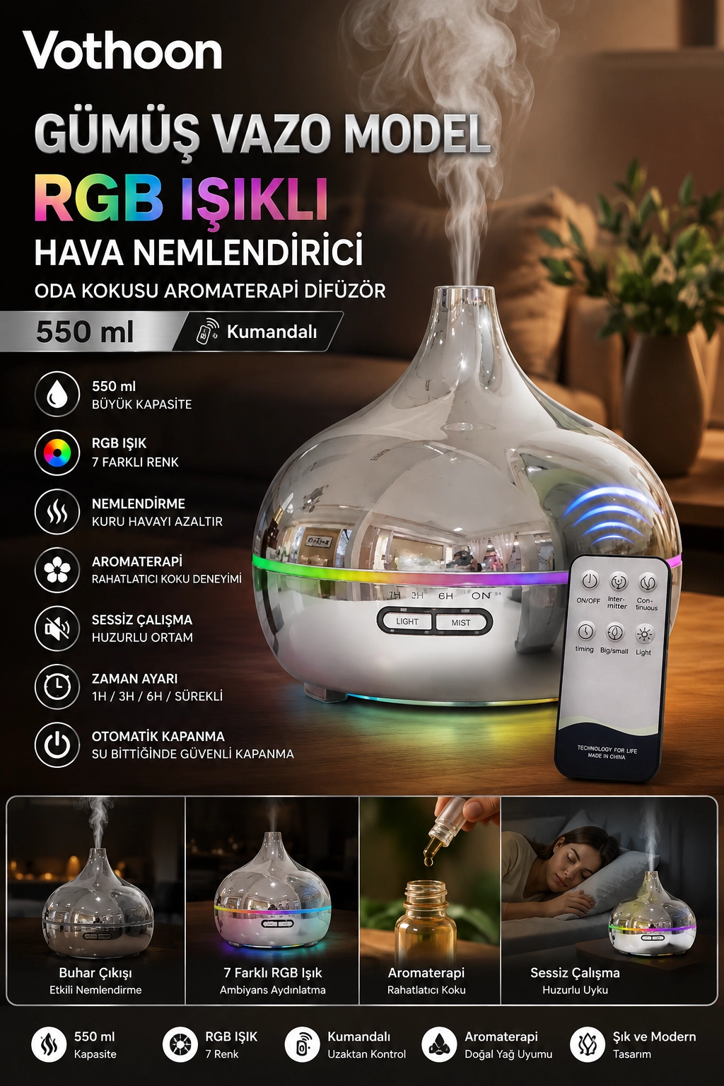 Gümüş Vazo Model RGB Işıklı Hava Nemlendirici & Aromaterapi Difüzör – 550 ml Kumandalı