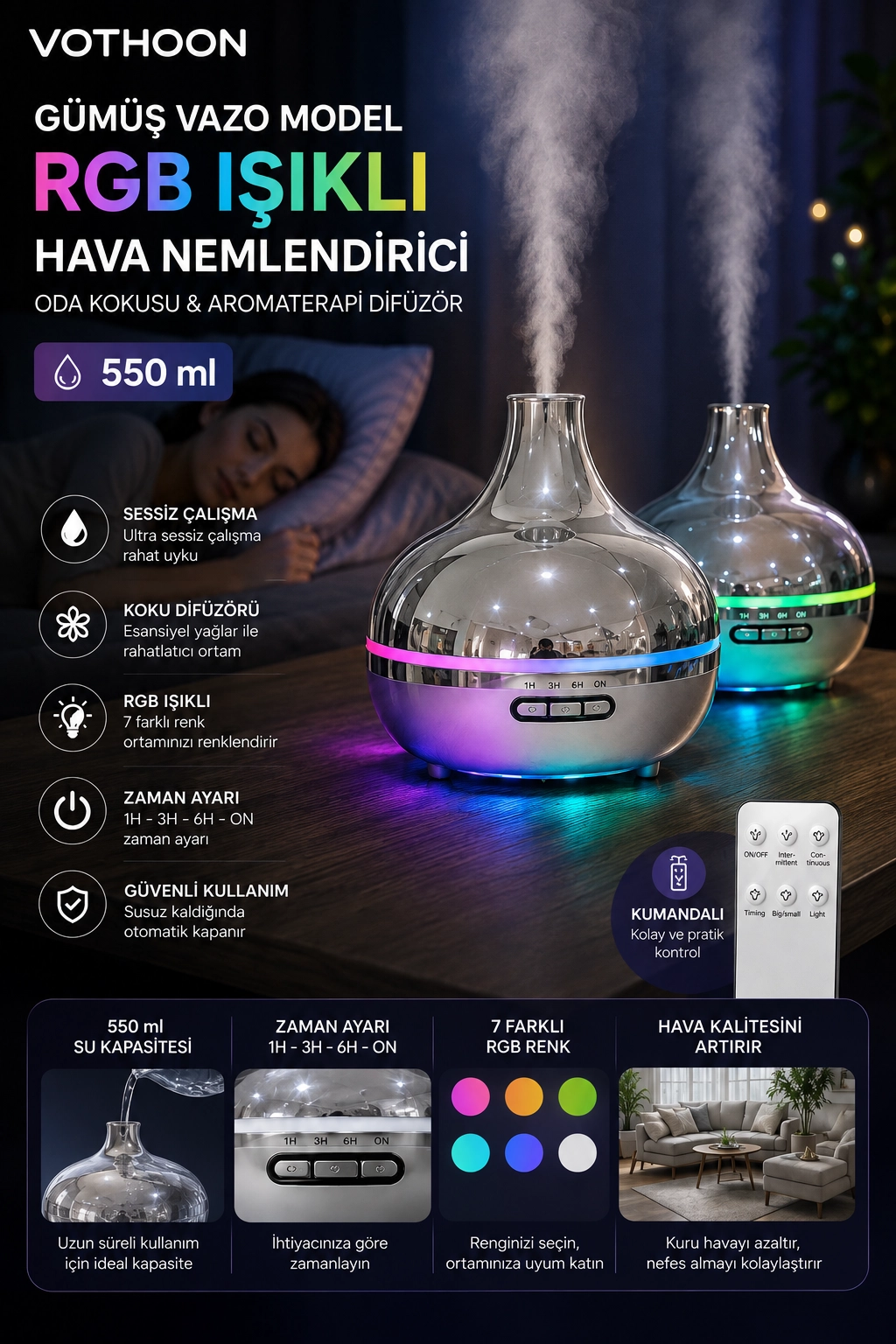 Gümüş Vazo Model RGB Işıklı Hava Nemlendirici & Aromaterapi Difüzör – 550 ml Kumandalı
