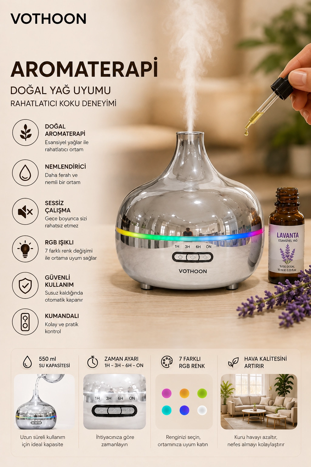 Gümüş Vazo Model RGB Işıklı Hava Nemlendirici & Aromaterapi Difüzör – 550 ml Kumandalı