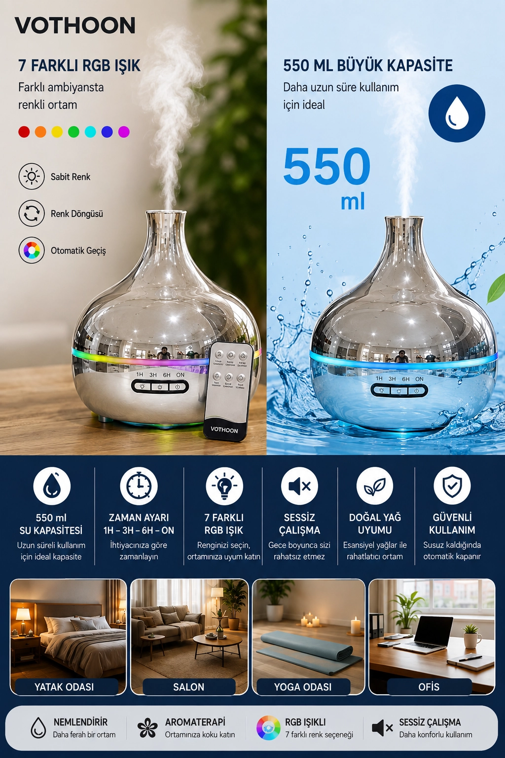 Gümüş Vazo Model RGB Işıklı Hava Nemlendirici & Aromaterapi Difüzör – 550 ml Kumandalı